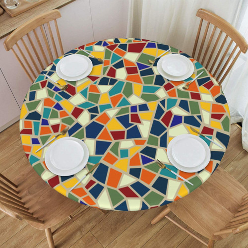 FATTTYCY Round Table Cloth Colorful Mosaic Tablecloth Elastic Edge Fitted Table Cover Fits Tables Up to 45"-50" Diameter