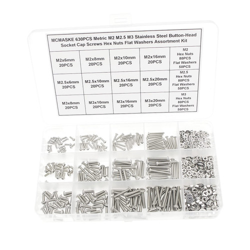 MCMASKE 630PCS Metric M2 M2.5 M3 Stainless Steel Button Head Socket Cap Screws Hex Nuts Flat Washers Assortment Kit