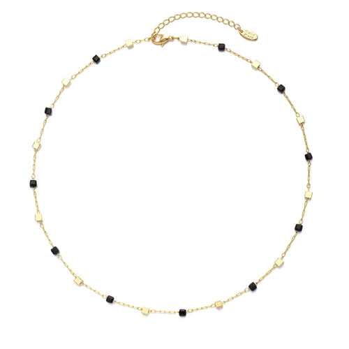 JURYLOO Beaded Choker Necklaces, Handmade Healing Crystal Stone Choker Colorful Bohemian Gemstone Necklaces Gold Summer Beach Choker Necklaces for Women Girls CK-Black-gold-beads