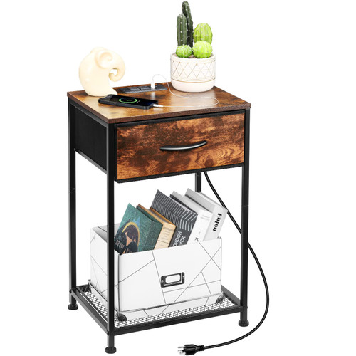 HEOMU Industrial End Table with Drawer, Bed Side Table Nightstand with Charging Station, Small Night Table for Living Room Bedroom, Wood Top Metal Frame (Rustic Brown)