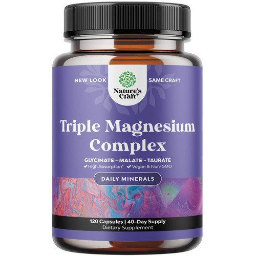 Triple Magnesium Complex Supplement 400mg Elemental - High Absorption Magnesium Taurate and Glycinate Plus Malate Magnesium Blend for Sleep Muscle Bone Mood and More - Non GMO Vegan Magnesium 400 mg