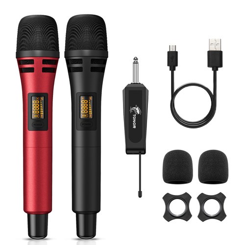 Wireless Microphones, TONOR UHF Dual Karaoke Microphone System, Microfonos Inalambricos with Rechargeable Receiver Cordless Dynamic Mic Micro Kit for Singing, Wedding, DJ Party, Speech TW320 Black&Red