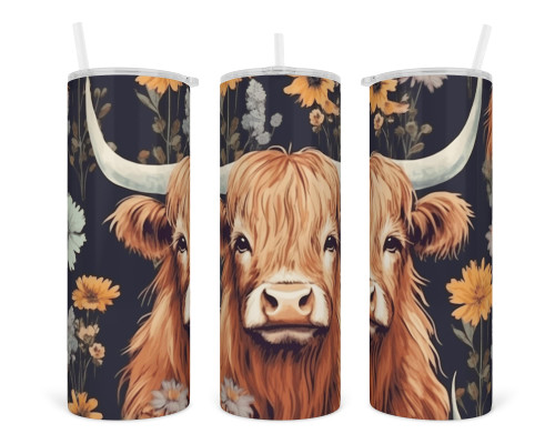 Highland Cow Floral 20 oz insulated tumbler, skinny Tumbler with lid and Straw, travel mug, Insulated Coffee Tumbler, Stainless Steel