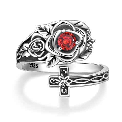 Hioed Sterling Silver Rose Spoon Ring - Women Skull Rings Vintage Victorian Style Antique Adjustable Cross Thumb Ring (Rose&Cross, 7# 8# 9#)