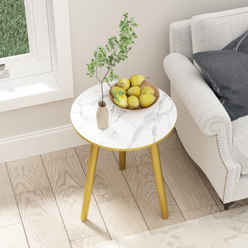 HLR Round Side Table, Small Wood End Table for Living Room and Bedroom, Modern Nightstand Bedside Table, Gold Side Table with Easy Assembly Gold Legs, White Marble Pattern Top