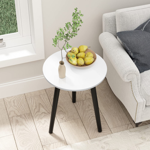 HLR Side Table Round, Small Wood End Table for Living Room, Bedroom and Small Spaces, Modern Nightstand Bedside Table with Easy Assembly Black Legs, White Top