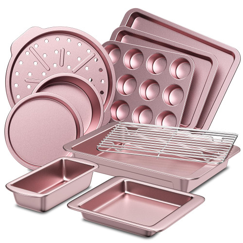 HONGBAKE Bakeware Sets, Baking Pans Set, Nonstick Oven Pan for Kitchen with Wider Grips, 10-Pieces Including Rack, Cookie Sheet, Cake Pans, Loaf Pan, Muffin Pan, Pizza Pan - Pink