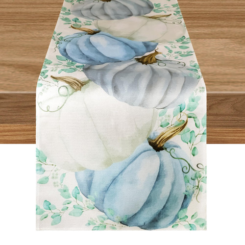 Hooqict Pumpkins Eucalyptus Leaves Fall Table Runner Autumn Thanksgiving Farmhouse Kitchen Dining Table Decorations Holiday Table Runner for Home Party Decor 14x72 Inch