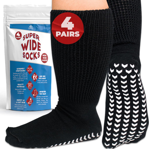 Extra Wide Socks for Swollen Feet, Socks for Swollen Ankles and Feet, Bariatric Socks, Lymphedema Socks, Non Slip Socks, Diabetic Socks, Hospital Socks - Black 4 Pairs