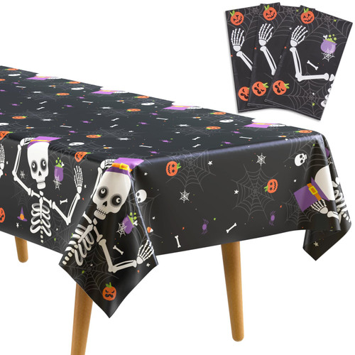 DECORLIFE 3 Pack Plastic Halloween Tablecloth Disposable 54" x 108" Halloween Rectangle Skull Tablecloth, Black Tablecover for Halloween Party Supplies, Home Decorations, Haunted House
