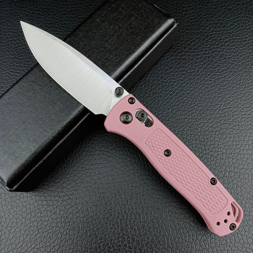 EDC Mini Bugout Axis Lock Pocket Knife, Plain Edge, Thumb Stud Manual Open, Pink Nylon Grivory Handle with Belt Clip (white blade)
