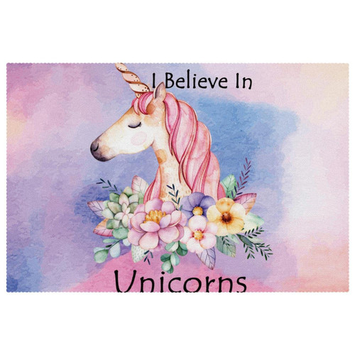 Placemat, Non-Slip Insulation Placemat, Washable Table Mats Set, Unicorn Cartoon Pink Flower Placemat, Non-Slip Insulation Placemat, Washable Table Mats Set, Unicorn Cartoon Pink Flower