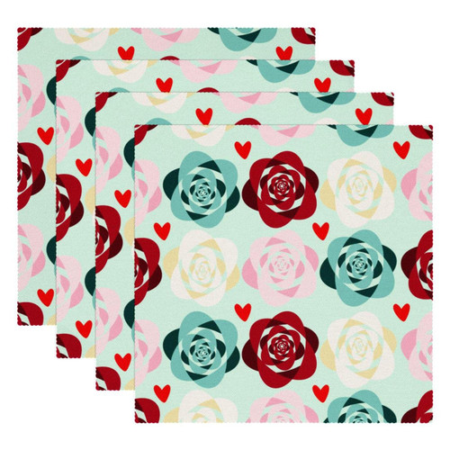 Square Placemats Set, Dining Table Placemat, Washable Place Mats, Flower Roses of red Green Pink and Yellow