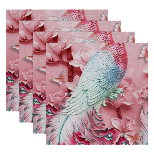 Square Placemats Set, Dining Table Placemat, Washable Place Mats, Modern Art Animal Pink Peacock Square Placemats Set, Dining Table Placemat, Washable Place Mats, Modern Art Animal Pink Peacock