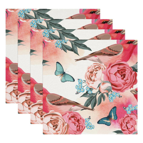 Square Placemats Set, Dining Table Placemat, Washable Place Mats, Pink Rose Flower Butterfly Bird Square Placemats Set, Dining Table Placemat, Washable Place Mats, Pink Rose Flower Butterfly Bird