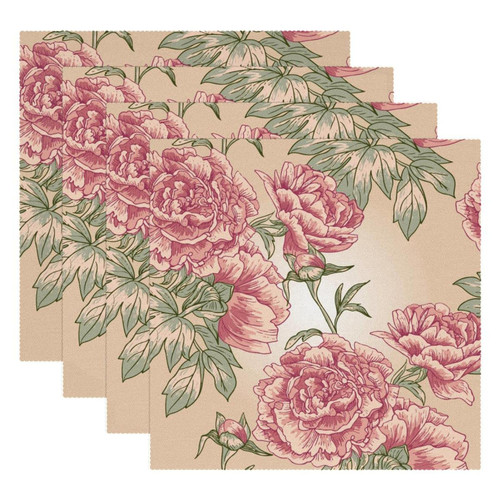 Square Placemats Set, Dining Table Placemat, Washable Place Mats, Vintage Watercolor Pink Peony Flowers Square Placemats Set, Dining Table Placemat, Washable Place Mats, Vintage Watercolor Pink Peony Flowers