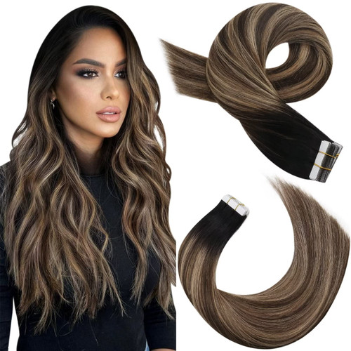 Moresoo Black Ombre Tape in Hair Extensions Human Hair Balayage Off Black to Blonde Mix with Brown Tape in Extensions Real Human Hair Tape in Remy Extensions 12 Inch #1B/4/14 20pcs 30g