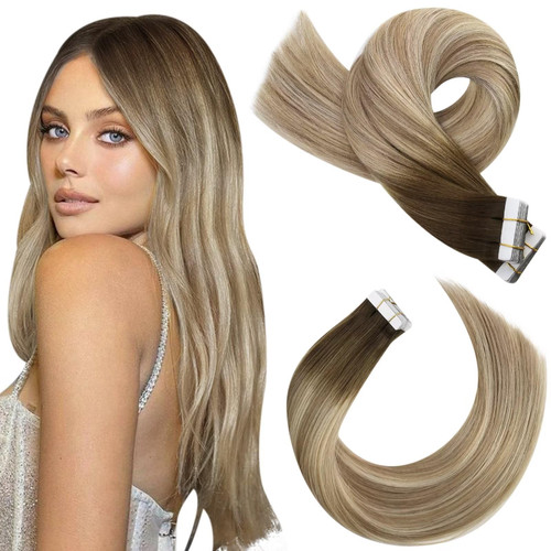 Moresoo Tape in Extensions Human Hair Blonde Tape in Hair Extensions Ombre Brown to Light Brown Mix with Blonde Tape in Human Hair Extensions 12 Inch #3/8/22 20pcs 30g