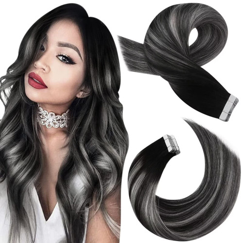 Moresoo Black Ombre Tape in Hair Extensions Balayage Human Hair Tape in Extensions Off Black to Silver Mix with Black Rooted Tape in Extensions Remy Straight Human Hair 16 Inch #1B/Silver/1B 20pcs 50g