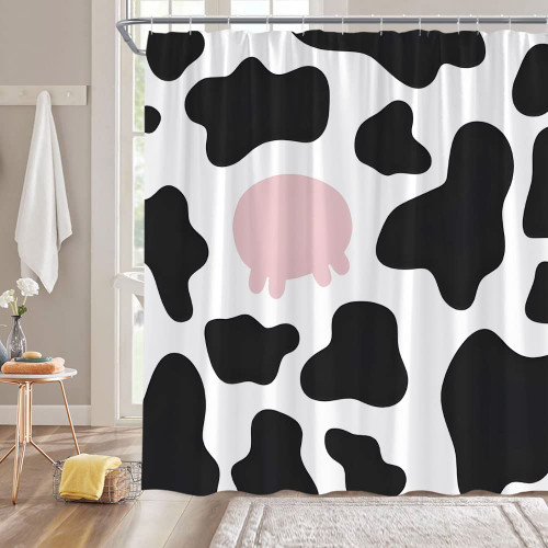 NYDSZNE Cowhide Shower Curtain Black White Milk Cow Print Mix Pink Funny Cartoom Cow Farmhouse Animal Cowhide Skin Pattern Creative Rustic Bathroom Decor Fabric Curtain with Hooks,70 Inch
