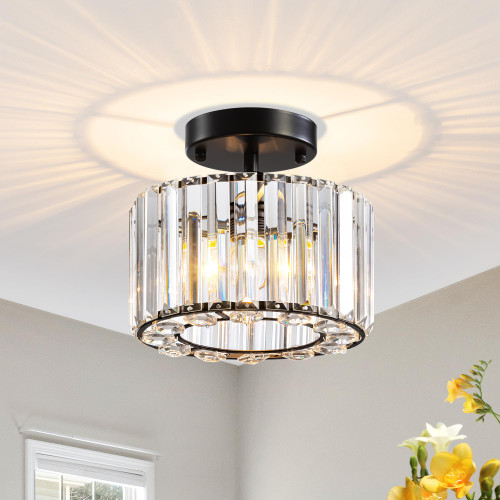 SYTPPLAN Modern Crystal Ceiling Light, Semi Flush Mount Ceiling Light Fixture Small Chandelier Crystals Hallway Light fixtures Black Close to Ceiling Light for Living Room Kitchen Bedroom