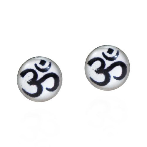 Petite & Colorful White Aum or Om Symbol .925 Sterling Silver Stud Earrings