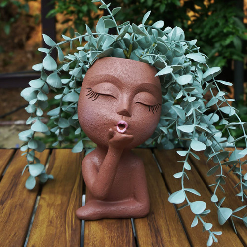 GETWHT Face Planter Pots, Succulent Planters Face Flower Pot Head Planter for Indoor Outdoor Plants with Drainage Hole, Cute Brown Face with Eyes Closed Blowing Kiss Resin Plant Pot