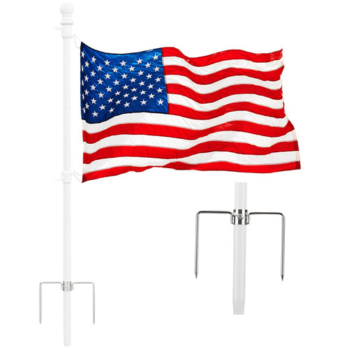 Flag Pole for House with 3x5 American Flag - 8ft White Flag Poles Kit for Outside in Ground with 2 Pronges Base for Yard Residential Commercial