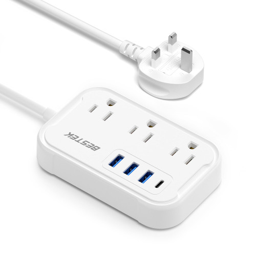 UK Travel Plug Adapter: US to UK Plug Adapter - Type G Adapter and Converter Power Strip with 3 AC Outlets and 4 USB(1 PD20W) - for USA to UK Ireland Scotland Hong Kong England British London 2.6ft