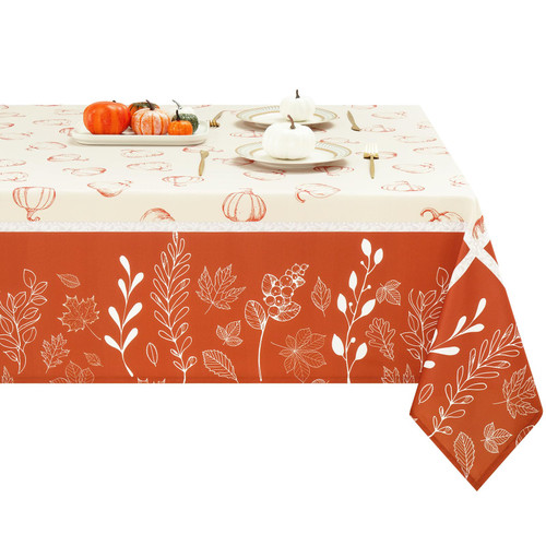 Fascidorm Fall Tablecloth for Thanksgiving, Autumn Pumpkins Table Cover, Maple Leaves Outdoor Waterproof Table Cloth for Dinner Kitchen Party Holiday Decor, Orange and Beige, 60 x 84 Inch