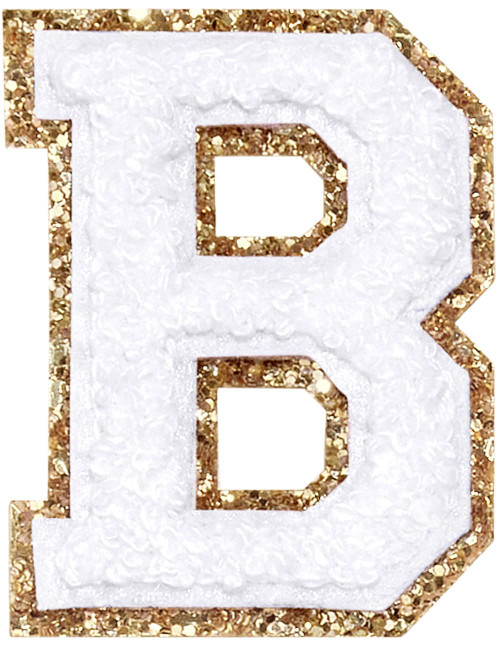 3Pcs Chenille Letter Patches Iron on Patches Glitter Varsity Letter Patches Embroidered Patch Gold Border Sew On Patches for Clothing Hat Shirt Bag (White, B)