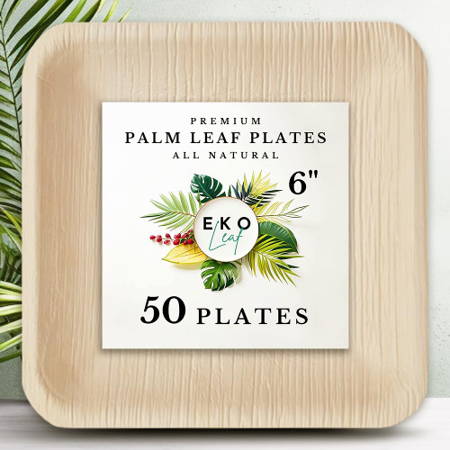 Palm Leaf Plates - Disposable 6 Inch Square Plates (50 plates) - Like Bamboo 100% Compostable Party Plates - Appetizer and Dessert Plates set - Eco Friendly Plates, Better Than Paper Plates