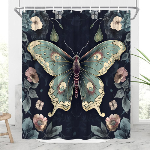 JONSEQIN Butterfly Moth Shower Curtain Boho Moon Red Green Stars Green Forest Plant Garden Vintage Herbs Fantasy Nature Bath Decor Curtains with Hooks