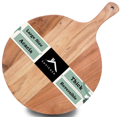 Round Cutting Board with handle (16" X 12" X 0.7") Acacia Wood Round Pizza Cutting Board, Acacia Wooden Serving Board, Round Wood Charcuterie Board, Round Wooden Cutting Board with Handle