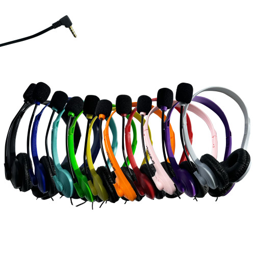Bulktech Wired On-Ear Leather Headsets with Boom Microphone and 3.5mm Connector, Bulk Wholesale, 10 Pack, Assorted Colors
