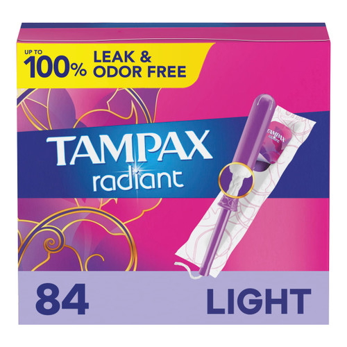Tampax Radiant Tampons Light Absorbency with BPA-Free Plastic Applicator and LeakGuard Braid, Unscented, 28 Count x 3 Packs (84 Count total) - Packaging May Vary