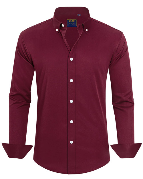 J.VER Men's Dress Shirts Solid Long Sleeve Stretch Wrinkle-Free Shirt Regular Fit Button Down Collar Shirts Wine Red XL