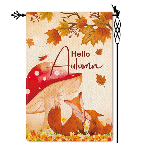 Jauageon Hello Autumn Garden Flag Cute Fox Garden Flag Fall Maple Vertical Double Sided Rustic Farmland Burlap Yard Lawn Outdoor Decor 12.5x18"