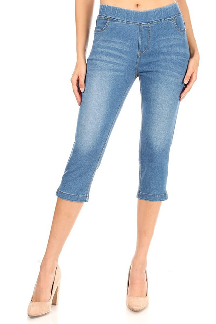 Jvini Women's Pull-On Stretchy Skinny Crop Denim Jeggings (US Size XL Denim Blue Capri)