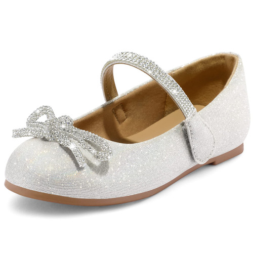 K KomForme Girl's Bow Mary Jane Dress Shoes Ballet Princess Flats with Rhinestone Strap for Party Wedding School?Toddler/Little Kid/Big Kid? Silver Glitter