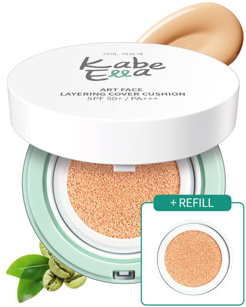 KabeElla Art Face Layering Cover Cushion SPF50+ PA++++ with Refill, Full-Coverage Cushion Foundation with Green Coffee Bean, Sunblock Cushion to Nourish Tired Skin from the Inside, Dewy Foundation for Natural, Flawless Skin (21 Light Beige)