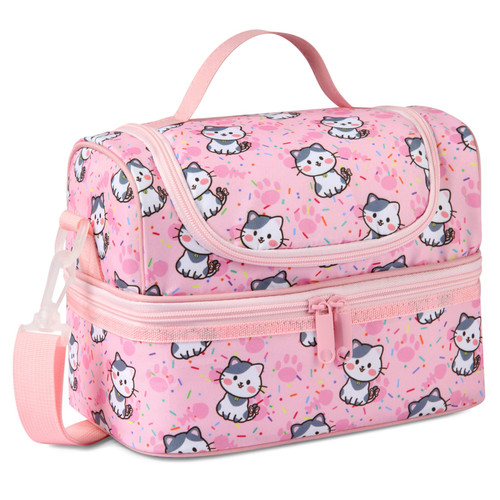 Kasqo Lunch Box Bag for Girls, Insulated Mini Cooler Bag Kids Lunch Tote with Dual Compartments, Pink Cat