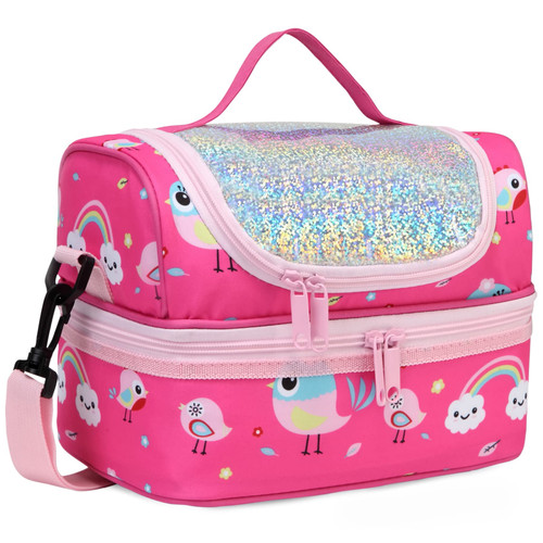 Kasqo Lunch Box Bag for Girls, Insulated Mini Cooler Bag Kids Lunch Tote with Dual Compartments, Pink Bird