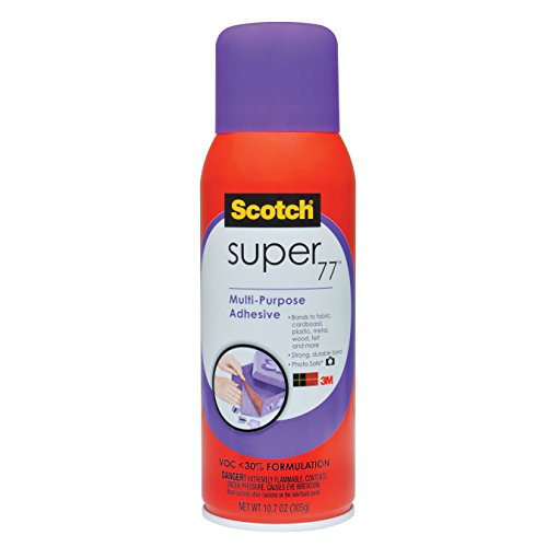 Scotch Super 77 Multipurpose Adhesive Spray, Bonds to fabric, cardboard, plastic, metal, wood, felt, and more, 10.7 Ounces (7716) Scotch Super 77 Multipurpose Adhesive Spray, Bonds to fabric, cardboard, plastic, metal, wood, felt, and more, 10.7 Ounces (7716)