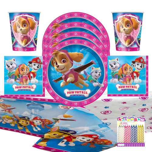 Paw Patrol Pink Party Supplies Pack Serves 16: Skye - Everest - Girls 9" Plates Luncheon Napkins Cups and Table Cover with Birthday Candles (Bundle for 16)