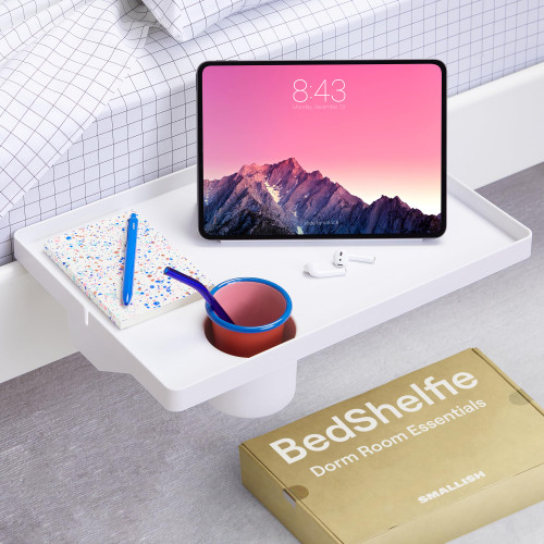 BedShelfie Bedside Shelf for Bed & Top Bunk, College Dorm Room Essentials, Loft Bed Accessories, Clip On Nightstand Snack Organizer, Floating Bed Side Table Tray Shelfie Caddy - 2.5" Cup Holder, White