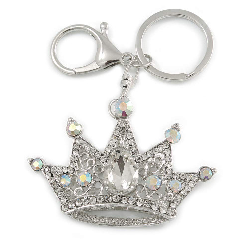 Avalaya Clear/AB Crystal Crown Keyring/Bag Charm in Silver Tone - 10cm L
