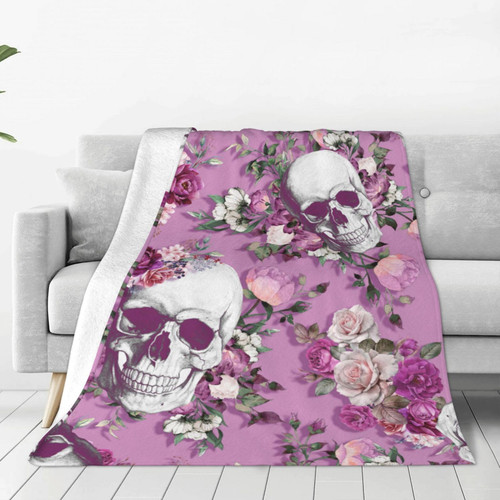 BLUBLU Flannel Fleece Bed Blanket Throw Blanket Lightweight Cozy Plush Blanket for Bedroom Living Room Sofa Couch Skull Rose Pink 50"X40"