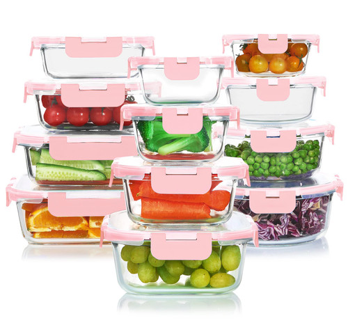 KOMUEE 24 Pieces Glass Food Storage Containers Set,Glass Meal Prep Containers Set with Lids-Stackable Airtight Glass Storage Containers with lids,BPA Free,Freezer to Oven Safe,Pink
