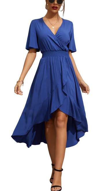Kormei Women Short Sleeve V Neck Floral High Low Flowy Summer Party Long Maxi Dress XL Solid-Blue1 Kormei Women Short Sleeve V Neck Floral High Low Flowy Summer Party Long Maxi Dress XL Solid-Blue1